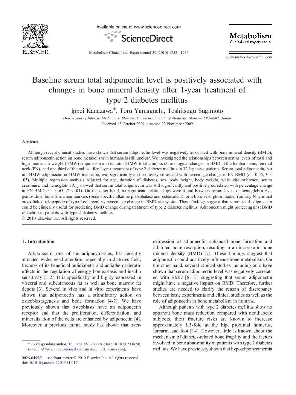 Baseline serum total adiponectin level is positively associated with changes in bone mineral density after 1-year treatment of type 2 diabetes mellitus