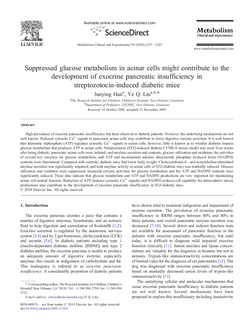 Suppressed glucose metabolism in acinar cells might contribute to the development of exocrine pancreatic insufficiency in streptozotocin-induced diabetic mice