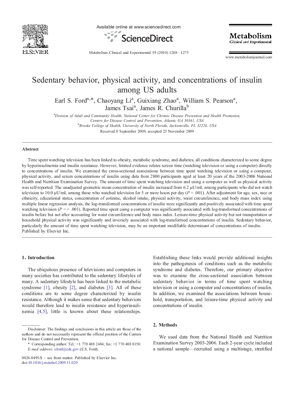 Sedentary behavior, physical activity, and concentrations of insulin among US adults 