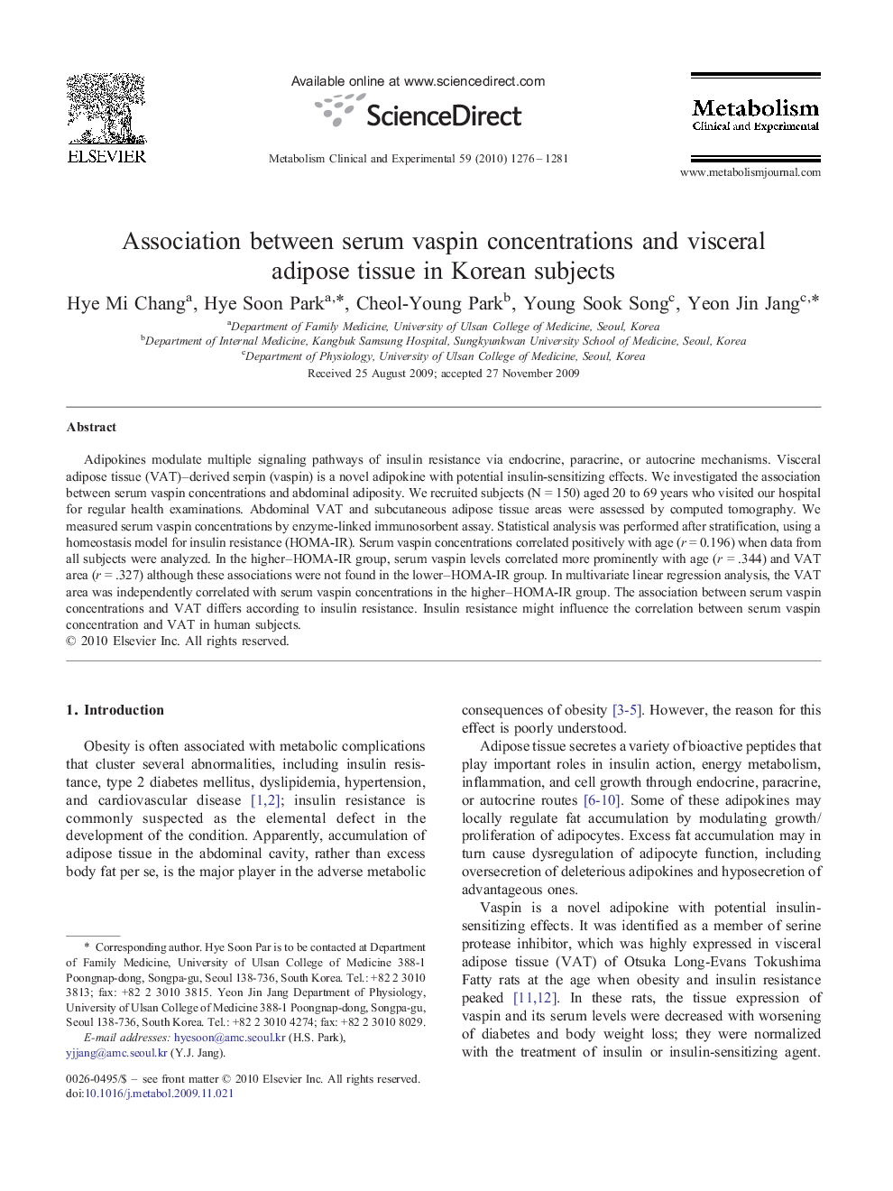 Association between serum vaspin concentrations and visceral adipose tissue in Korean subjects