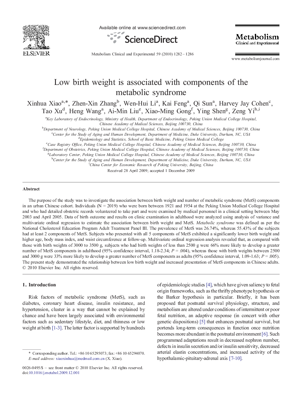 Low birth weight is associated with components of the metabolic syndrome