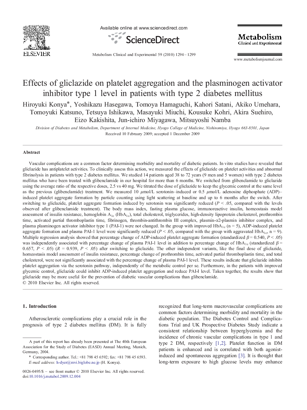 Effects of gliclazide on platelet aggregation and the plasminogen activator inhibitor type 1 level in patients with type 2 diabetes mellitus