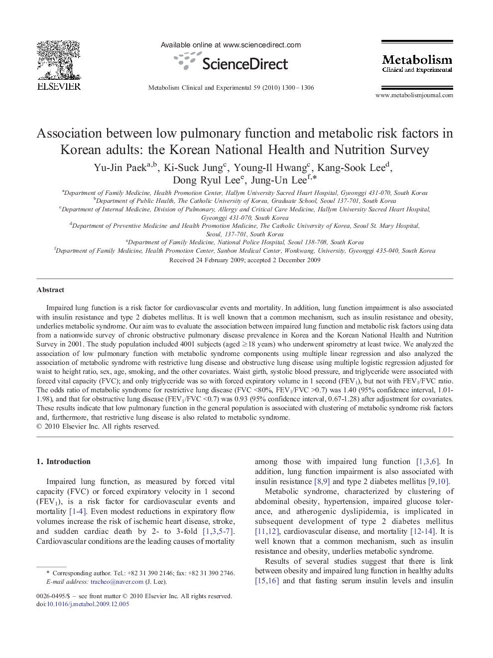 Association between low pulmonary function and metabolic risk factors in Korean adults: the Korean National Health and Nutrition Survey