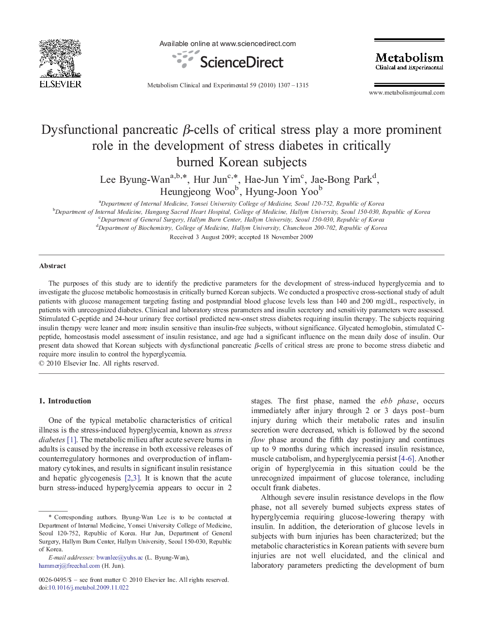 Dysfunctional pancreatic β-cells of critical stress play a more prominent role in the development of stress diabetes in critically burned Korean subjects