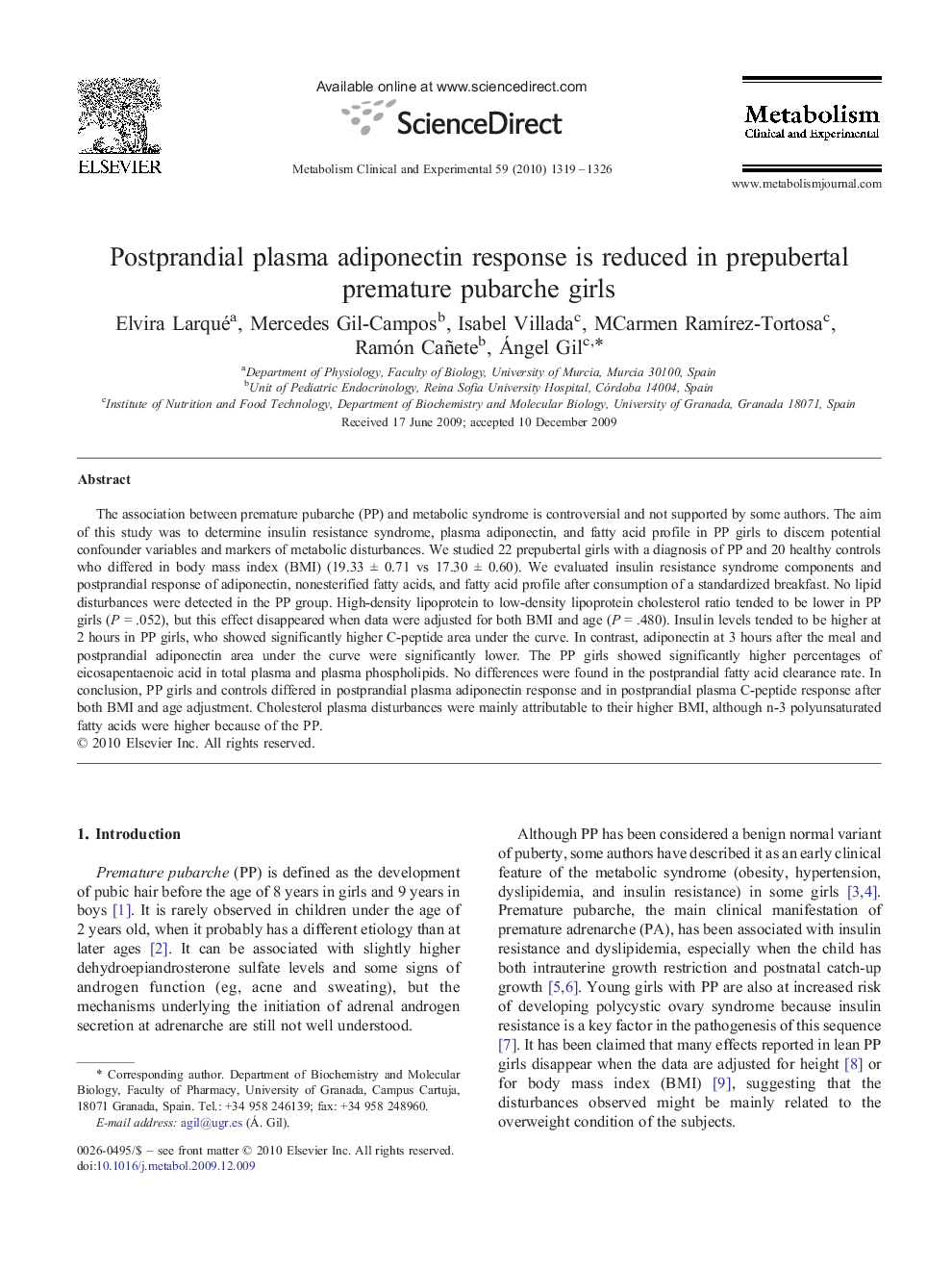 Postprandial plasma adiponectin response is reduced in prepubertal premature pubarche girls