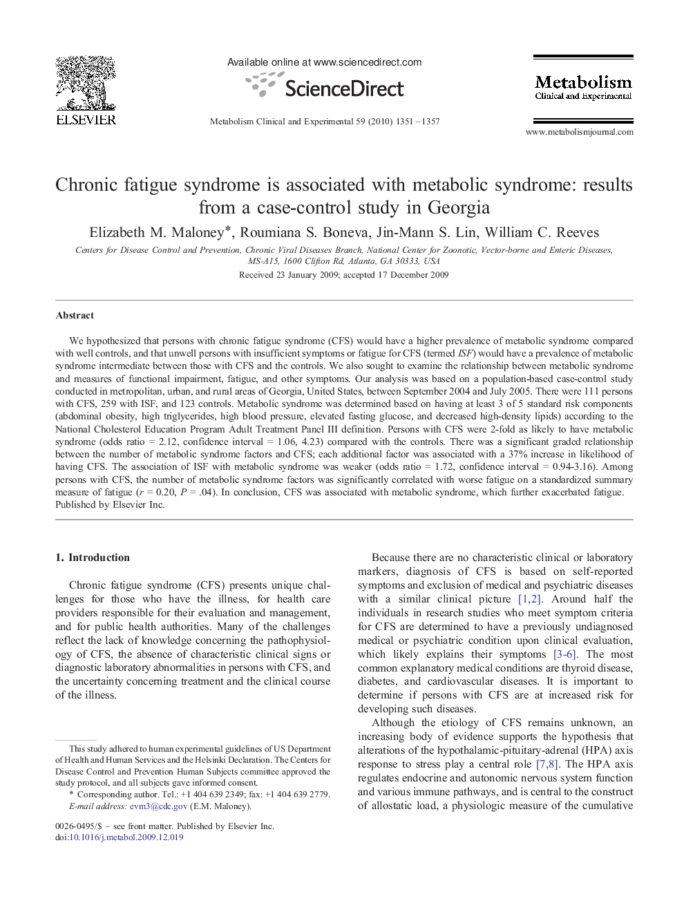 Chronic fatigue syndrome is associated with metabolic syndrome: results from a case-control study in Georgia 