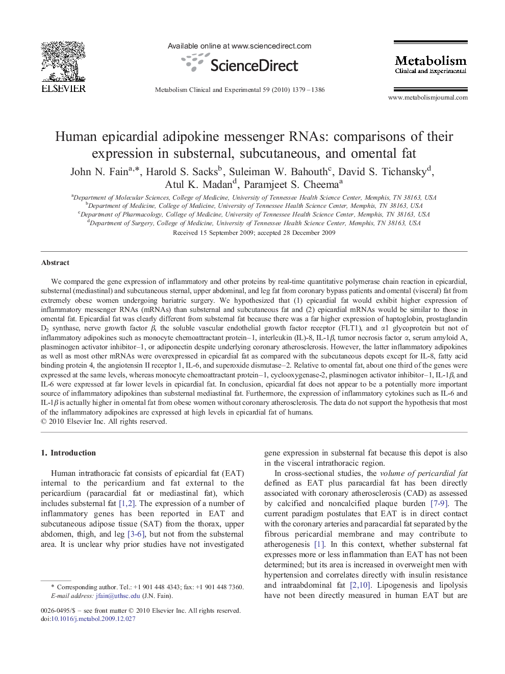 Human epicardial adipokine messenger RNAs: comparisons of their expression in substernal, subcutaneous, and omental fat