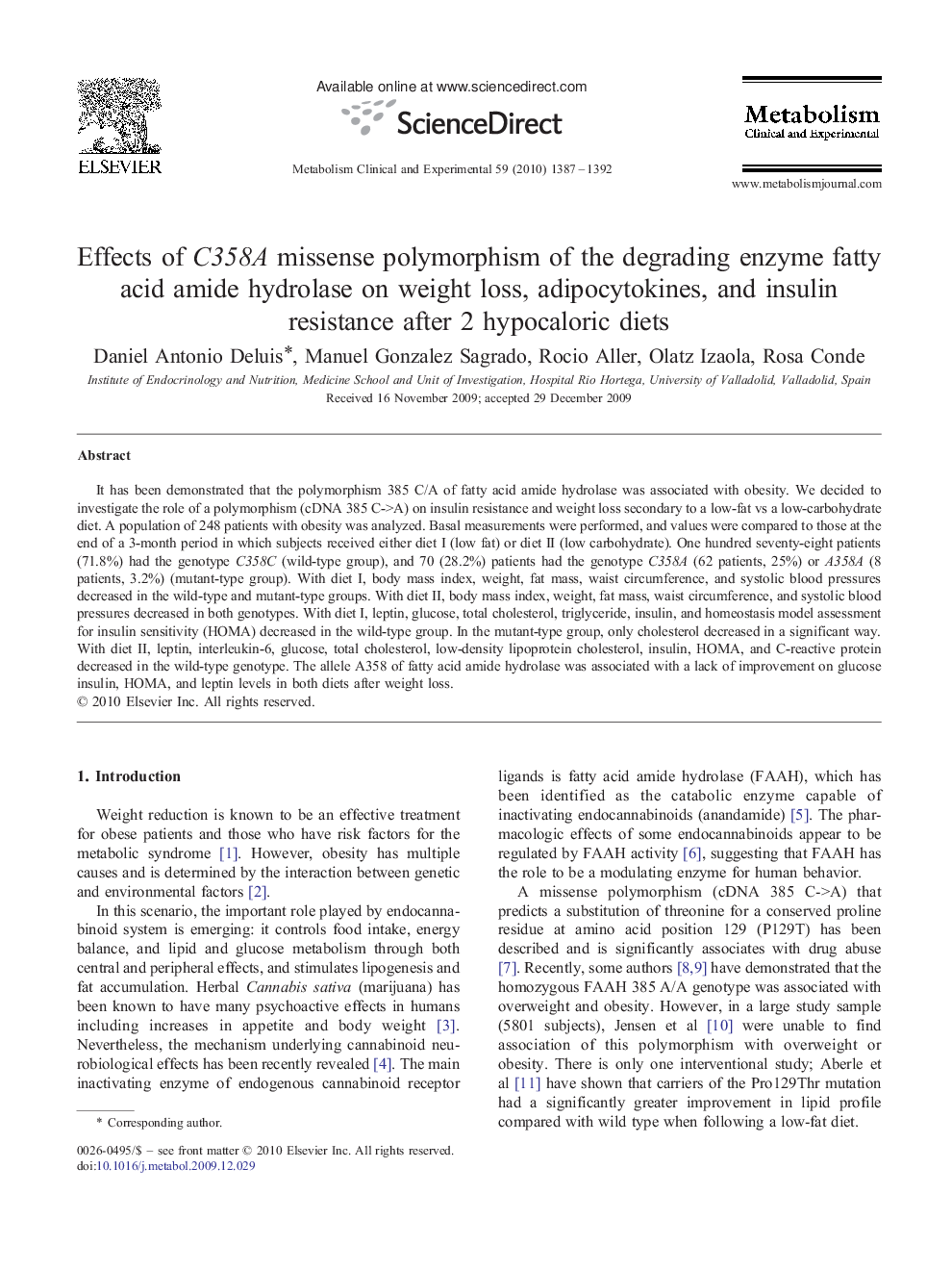 Effects of C358A missense polymorphism of the degrading enzyme fatty acid amide hydrolase on weight loss, adipocytokines, and insulin resistance after 2 hypocaloric diets