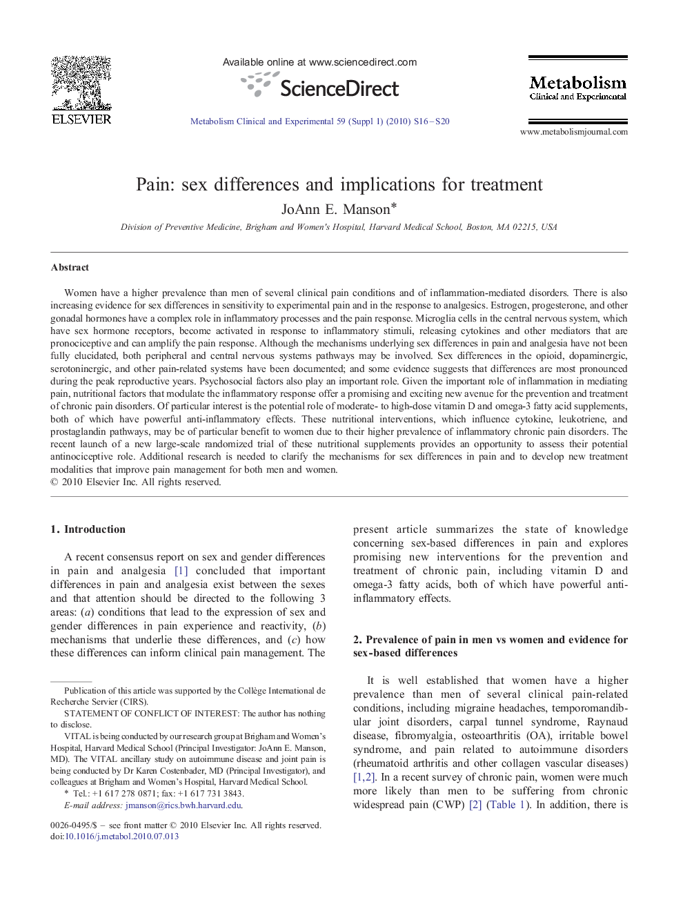 Pain: sex differences and implications for treatment 