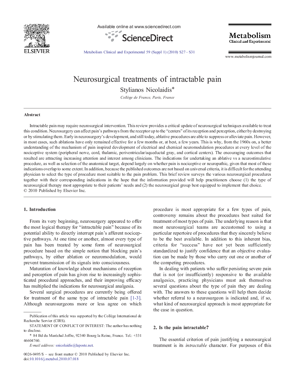 Neurosurgical treatments of intractable pain 