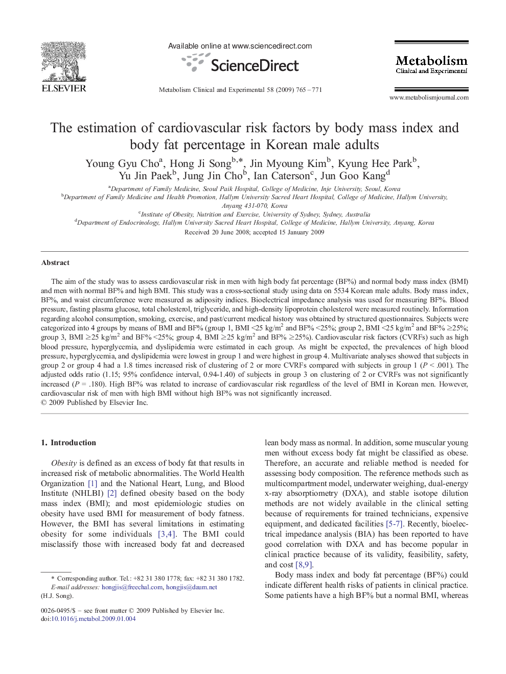 The estimation of cardiovascular risk factors by body mass index and body fat percentage in Korean male adults