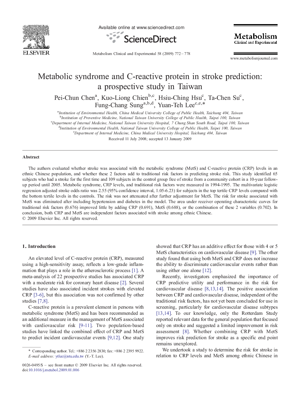 Metabolic syndrome and C-reactive protein in stroke prediction: a prospective study in Taiwan
