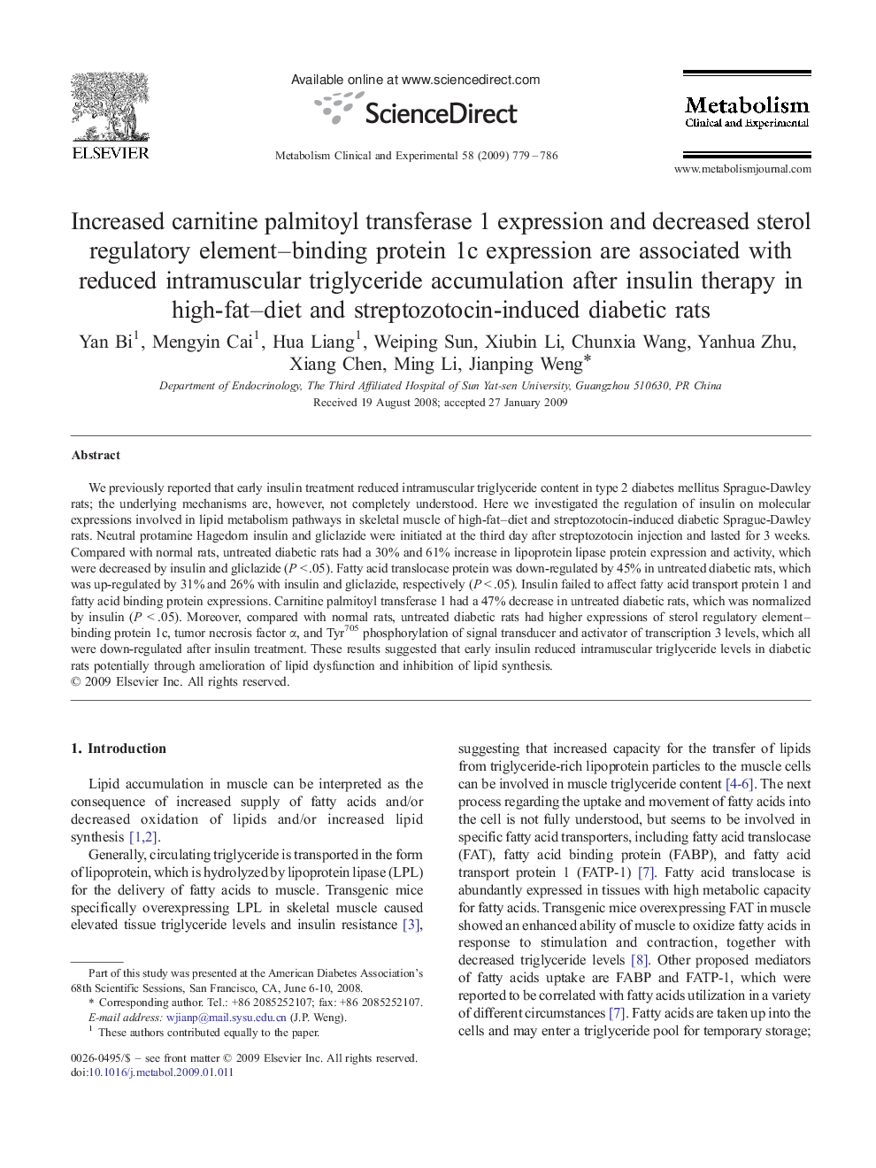 Increased carnitine palmitoyl transferase 1 expression and decreased sterol regulatory element–binding protein 1c expression are associated with reduced intramuscular triglyceride accumulation after insulin therapy in high-fat–diet and streptozotocin-indu