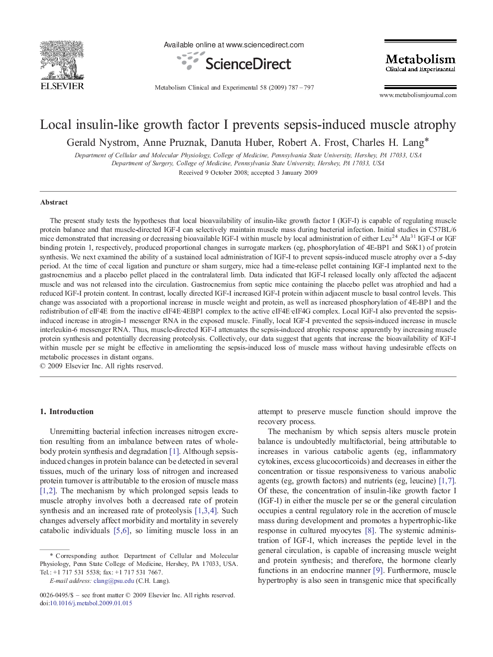 Local insulin-like growth factor I prevents sepsis-induced muscle atrophy