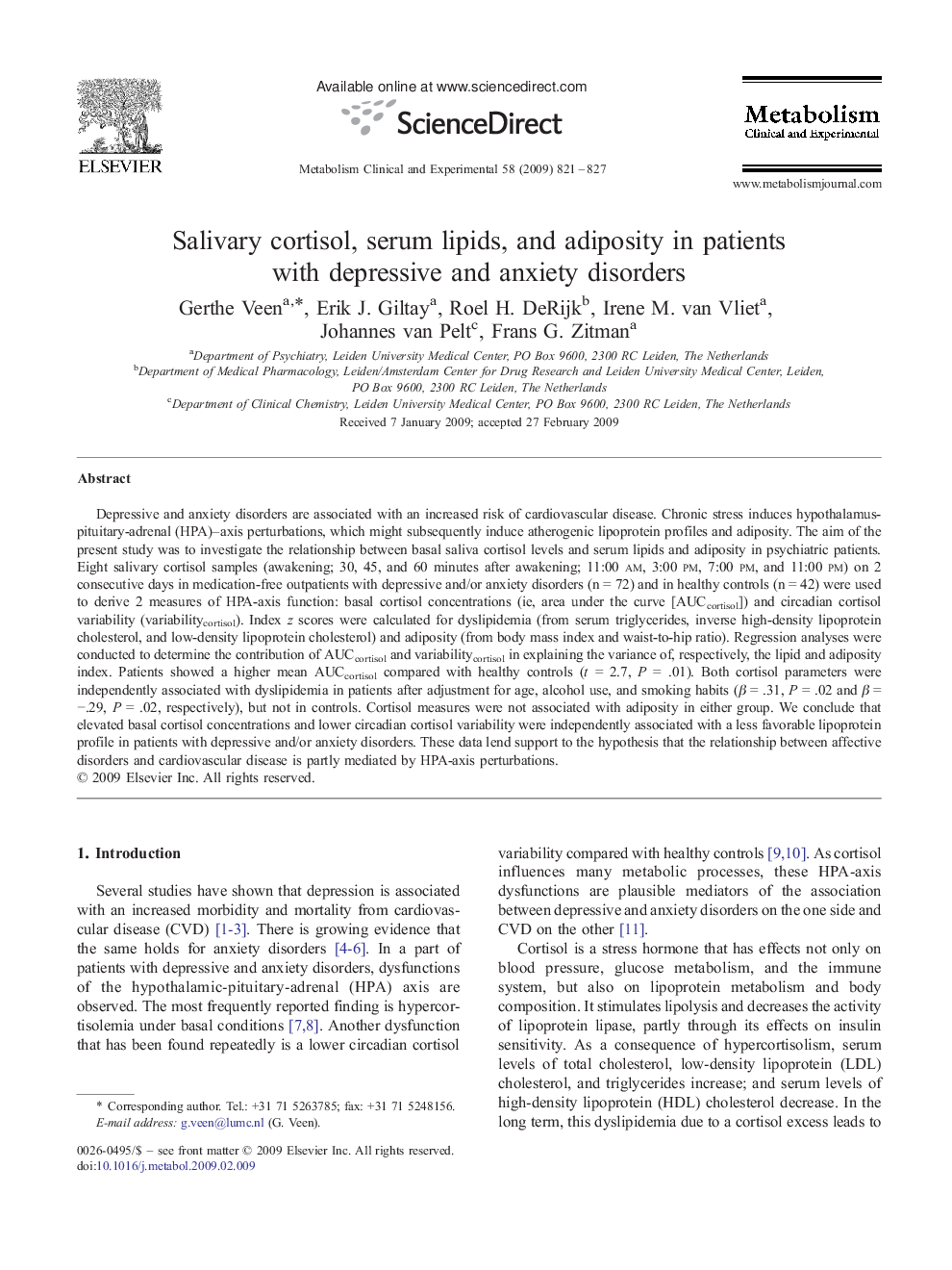 Salivary cortisol, serum lipids, and adiposity in patients with depressive and anxiety disorders