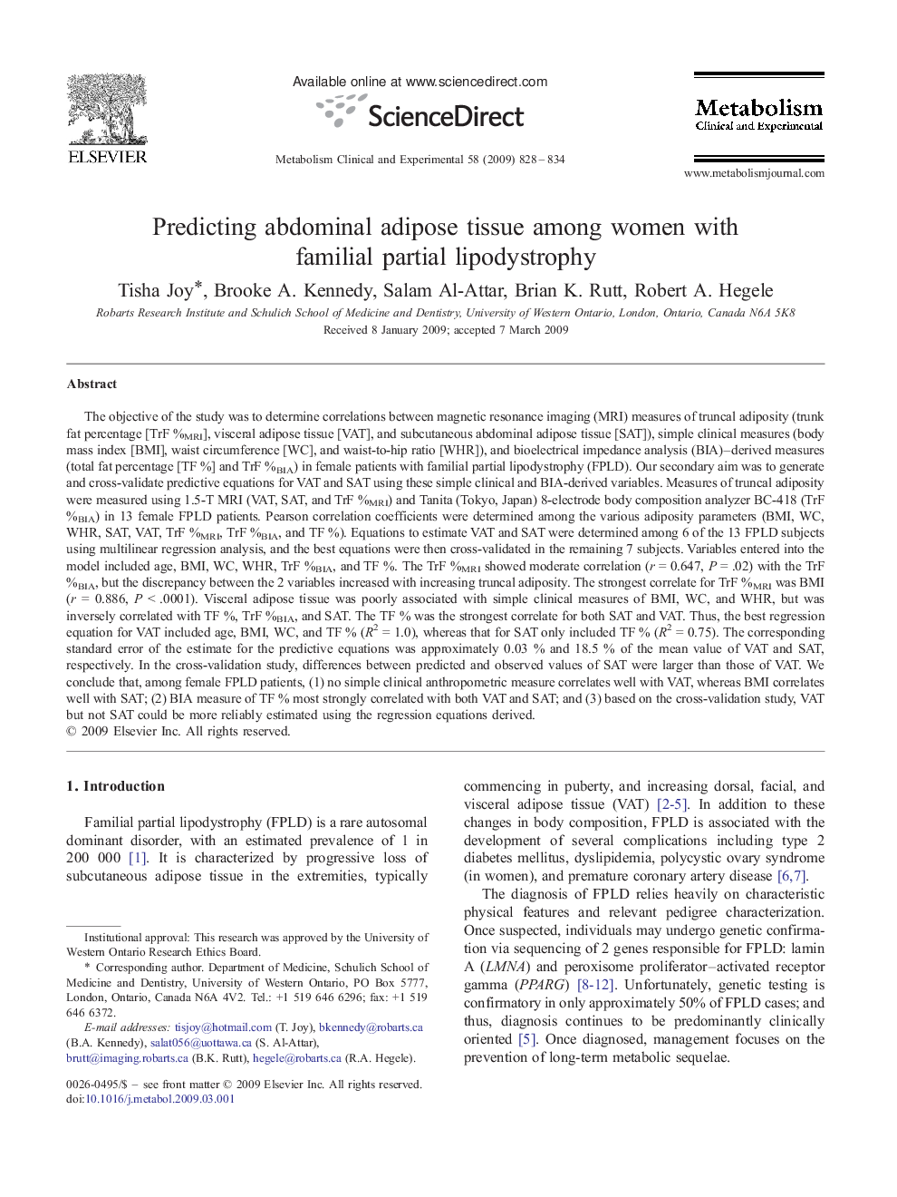 Predicting abdominal adipose tissue among women with familial partial lipodystrophy