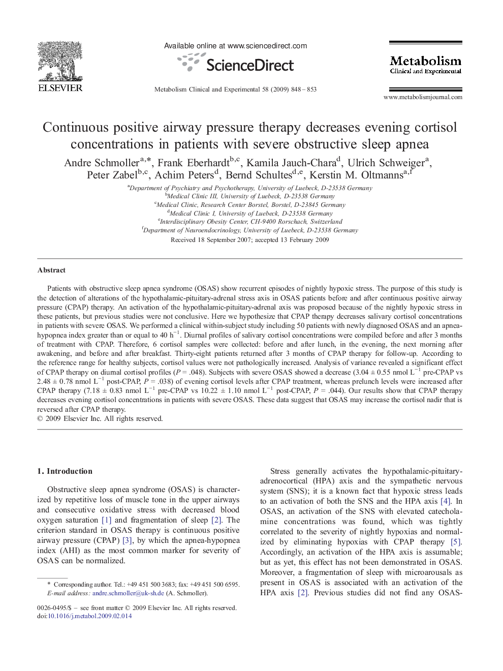 Continuous positive airway pressure therapy decreases evening cortisol concentrations in patients with severe obstructive sleep apnea