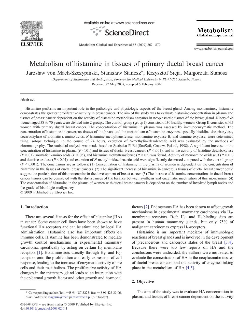 Metabolism of histamine in tissues of primary ductal breast cancer