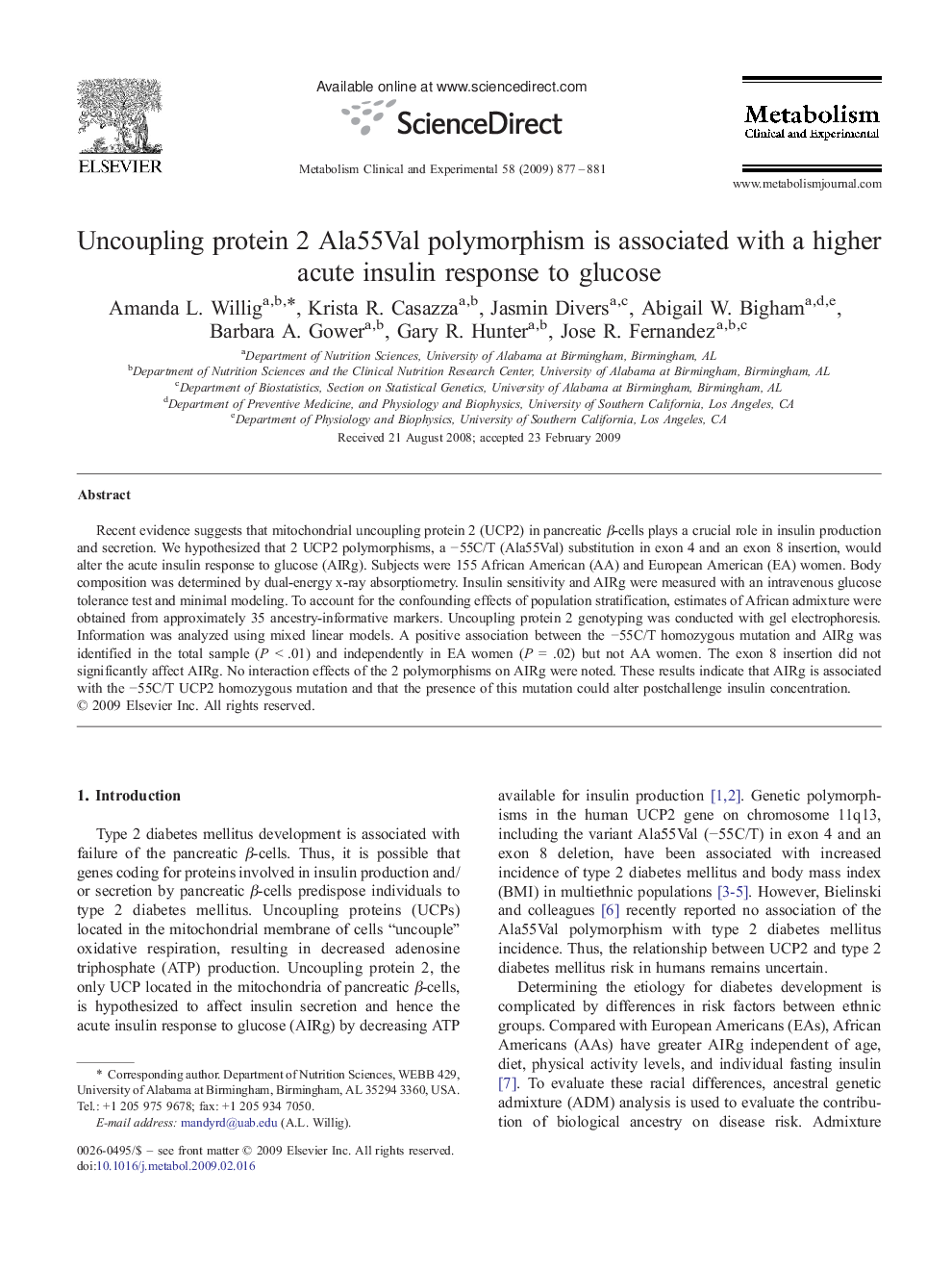 Uncoupling protein 2 Ala55Val polymorphism is associated with a higher acute insulin response to glucose