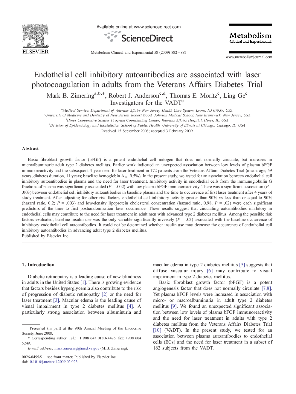 Endothelial cell inhibitory autoantibodies are associated with laser photocoagulation in adults from the Veterans Affairs Diabetes Trial