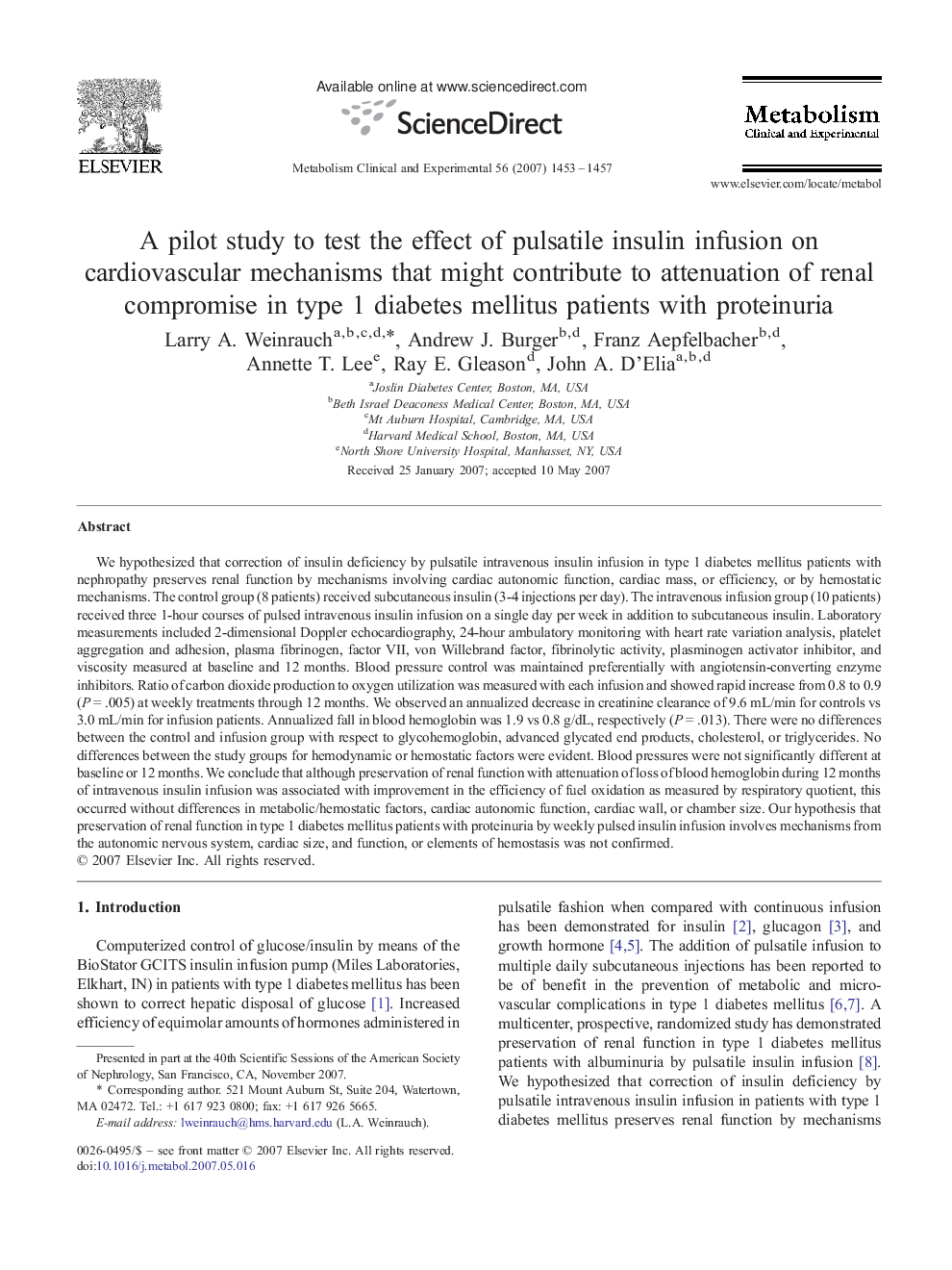 A pilot study to test the effect of pulsatile insulin infusion on cardiovascular mechanisms that might contribute to attenuation of renal compromise in type 1 diabetes mellitus patients with proteinuria 
