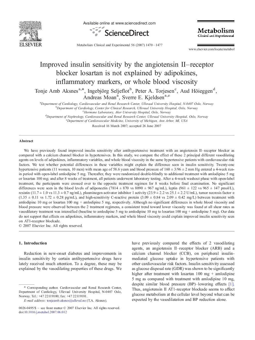 Improved insulin sensitivity by the angiotensin II–receptor blocker losartan is not explained by adipokines, inflammatory markers, or whole blood viscosity