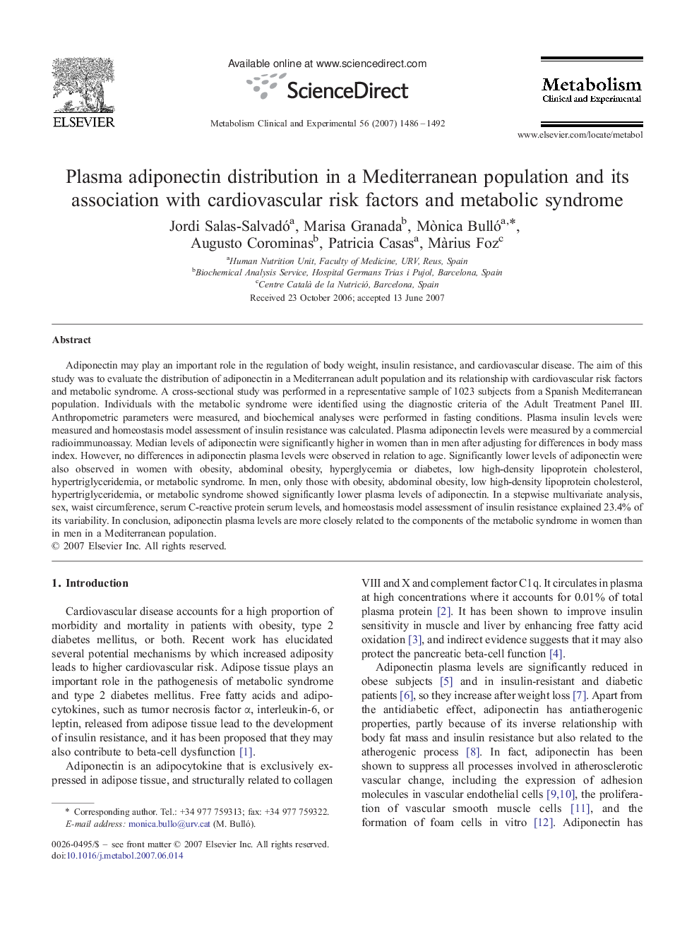 Plasma adiponectin distribution in a Mediterranean population and its association with cardiovascular risk factors and metabolic syndrome