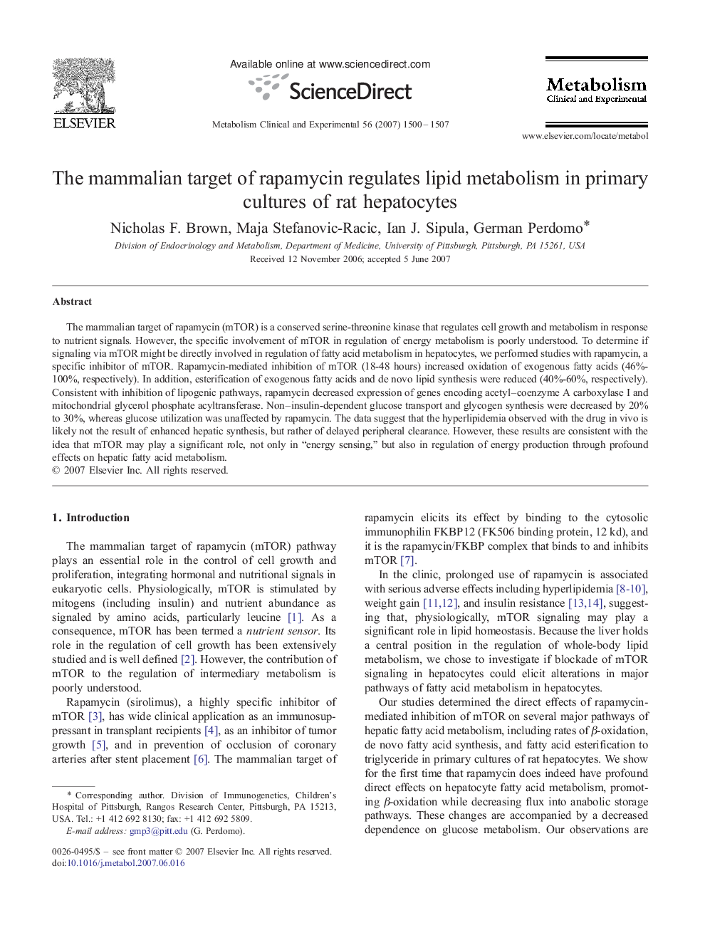 The mammalian target of rapamycin regulates lipid metabolism in primary cultures of rat hepatocytes