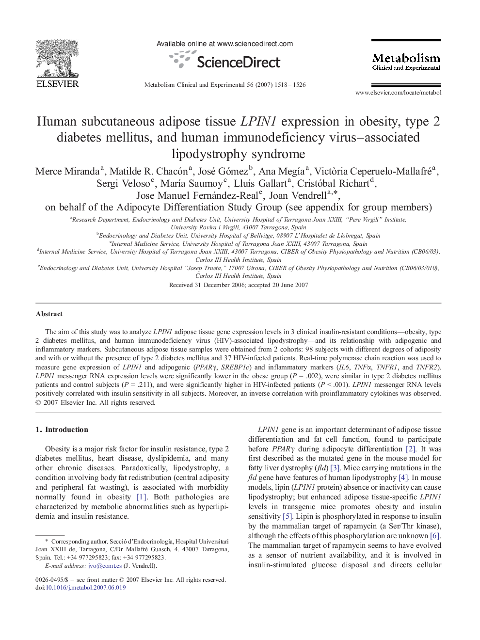 Human subcutaneous adipose tissue LPIN1 expression in obesity, type 2 diabetes mellitus, and human immunodeficiency virus--associated lipodystrophy syndrome