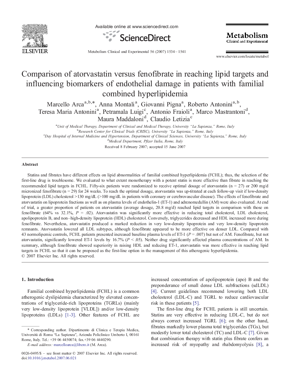 Comparison of atorvastatin versus fenofibrate in reaching lipid targets and influencing biomarkers of endothelial damage in patients with familial combined hyperlipidemia
