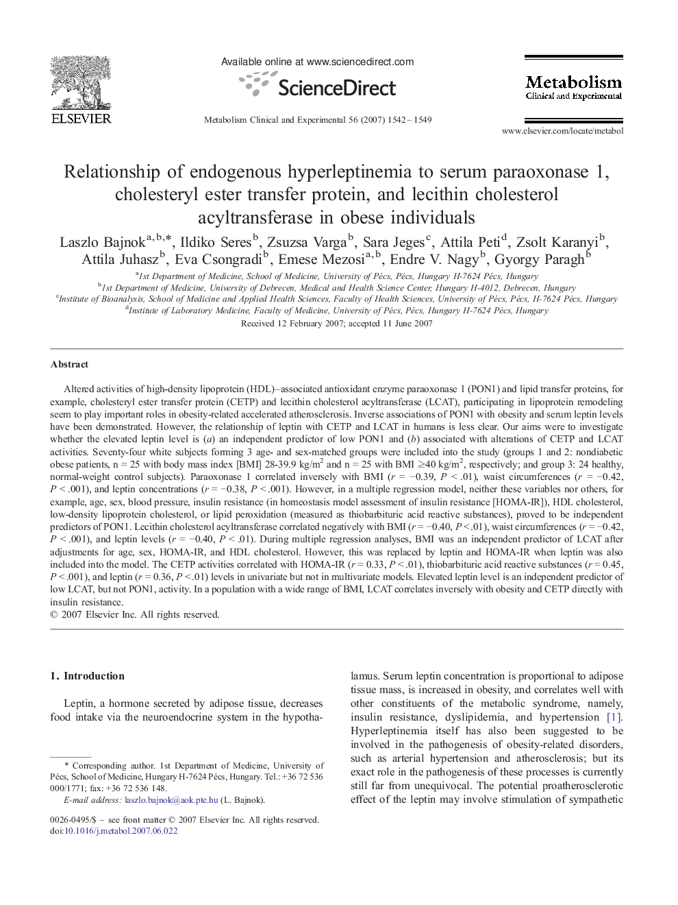 Relationship of endogenous hyperleptinemia to serum paraoxonase 1, cholesteryl ester transfer protein, and lecithin cholesterol acyltransferase in obese individuals