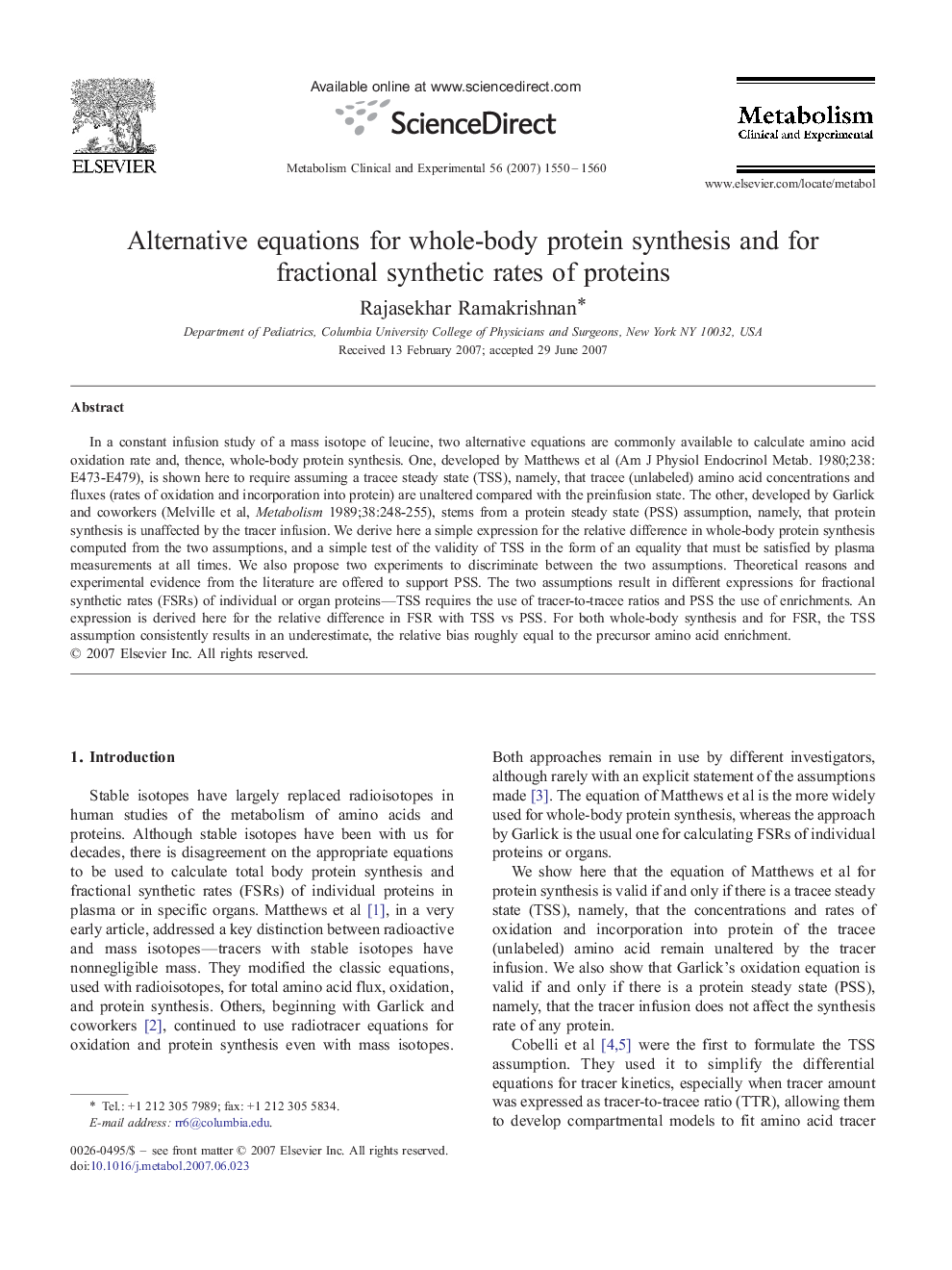 Alternative equations for whole-body protein synthesis and for fractional synthetic rates of proteins