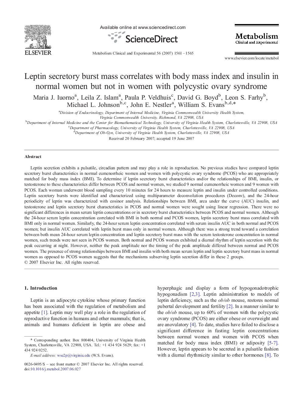 Leptin secretory burst mass correlates with body mass index and insulin in normal women but not in women with polycystic ovary syndrome
