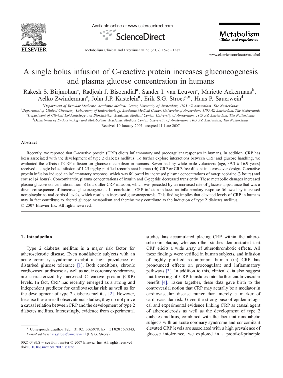 A single bolus infusion of C-reactive protein increases gluconeogenesis and plasma glucose concentration in humans