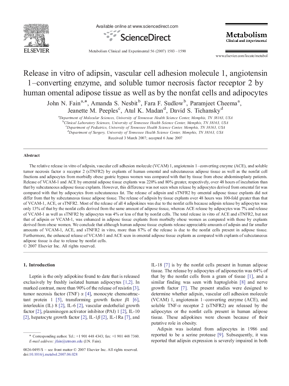 Release in vitro of adipsin, vascular cell adhesion molecule 1, angiotensin 1–converting enzyme, and soluble tumor necrosis factor receptor 2 by human omental adipose tissue as well as by the nonfat cells and adipocytes