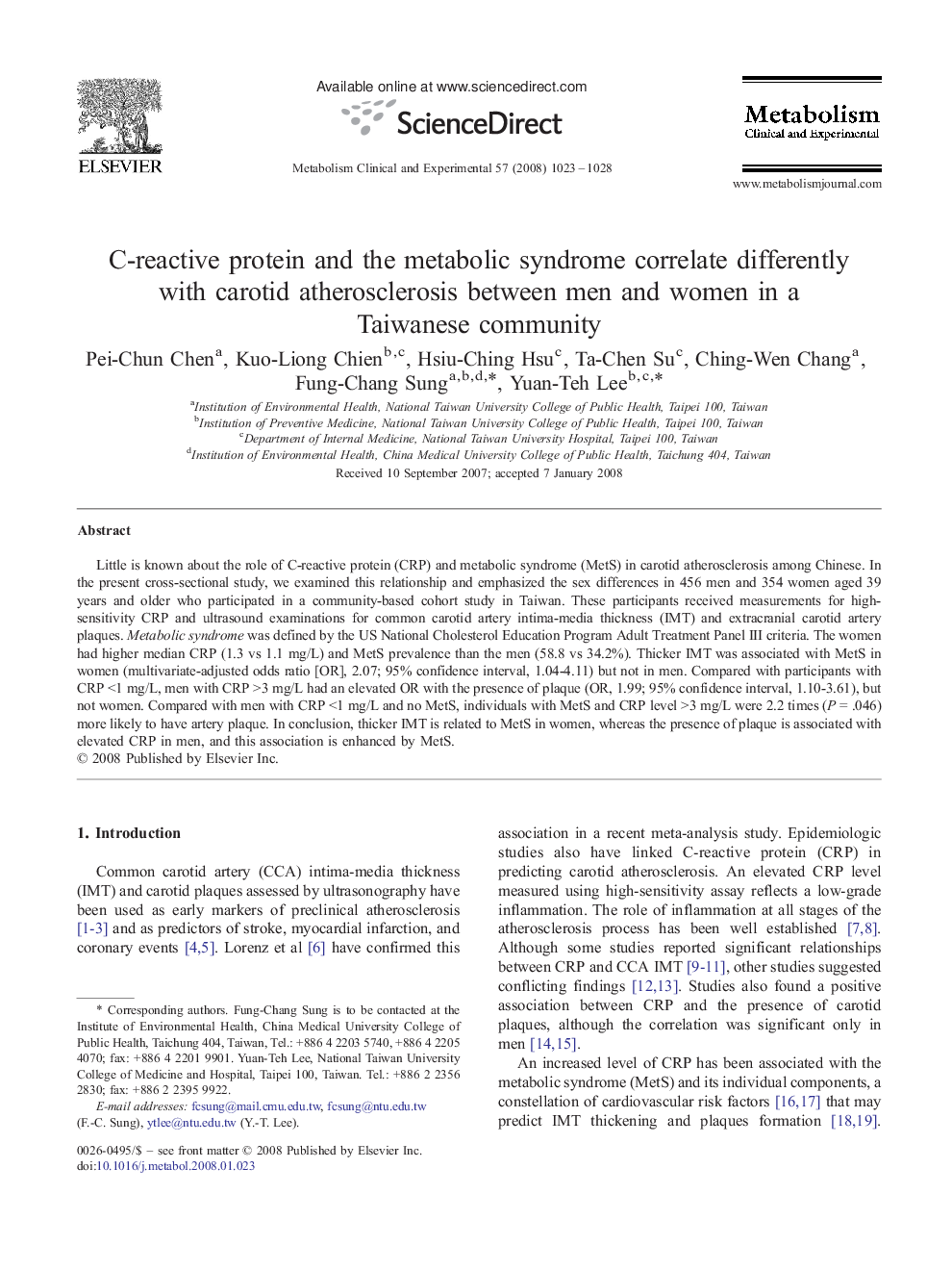C-reactive protein and the metabolic syndrome correlate differently with carotid atherosclerosis between men and women in a Taiwanese community