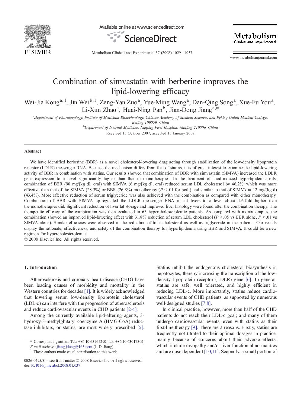 Combination of simvastatin with berberine improves the lipid-lowering efficacy
