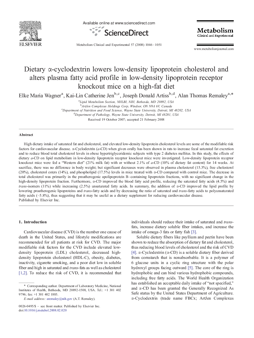 Dietary α-cyclodextrin lowers low-density lipoprotein cholesterol and alters plasma fatty acid profile in low-density lipoprotein receptor knockout mice on a high-fat diet