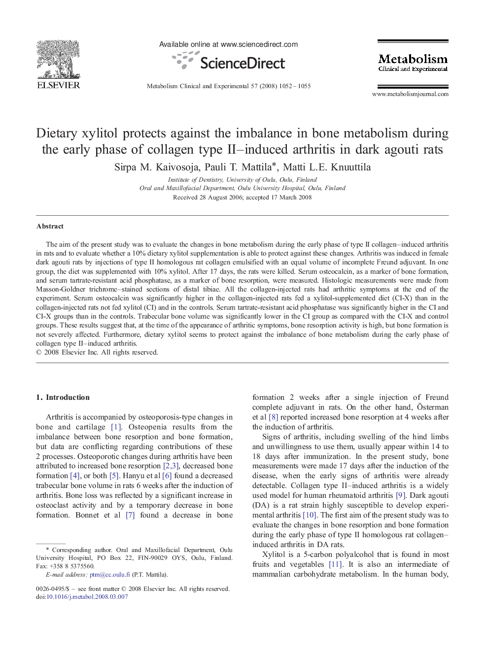 Dietary xylitol protects against the imbalance in bone metabolism during the early phase of collagen type II–induced arthritis in dark agouti rats