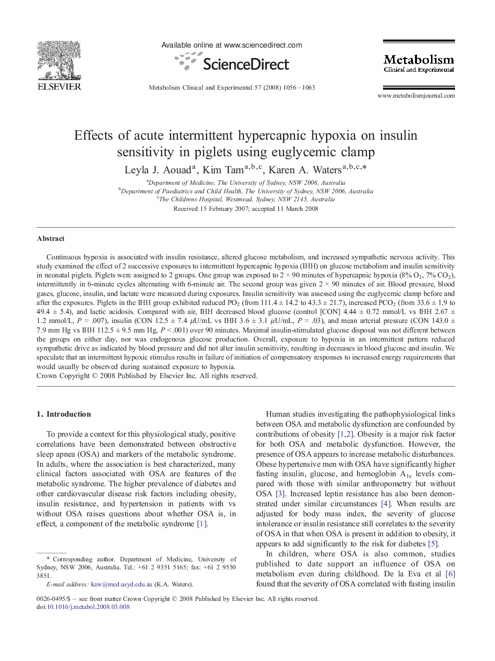 Effects of acute intermittent hypercapnic hypoxia on insulin sensitivity in piglets using euglycemic clamp