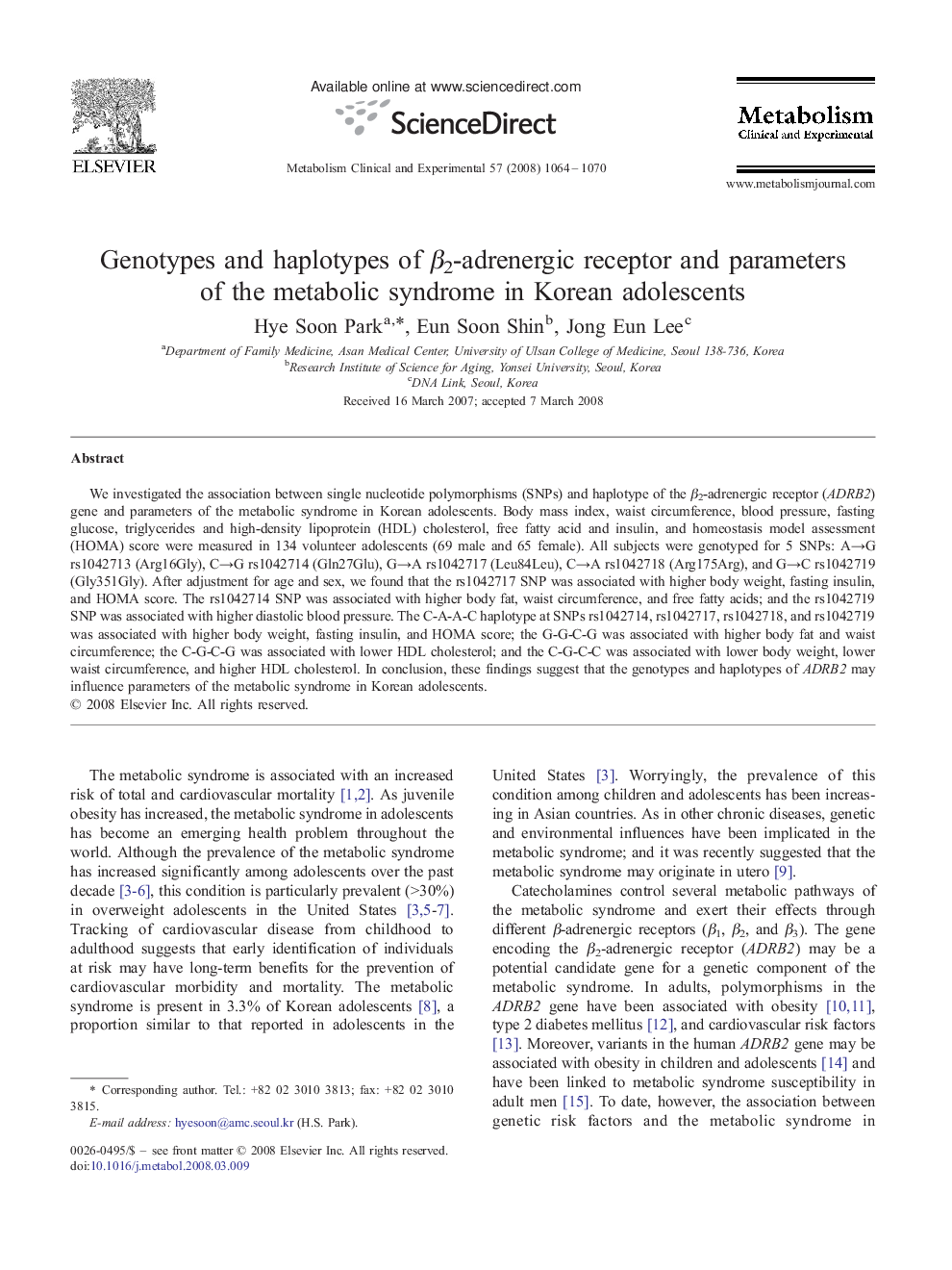 Genotypes and haplotypes of β2-adrenergic receptor and parameters of the metabolic syndrome in Korean adolescents