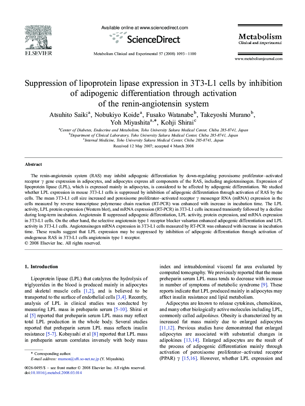 Suppression of lipoprotein lipase expression in 3T3-L1 cells by inhibition of adipogenic differentiation through activation of the renin-angiotensin system