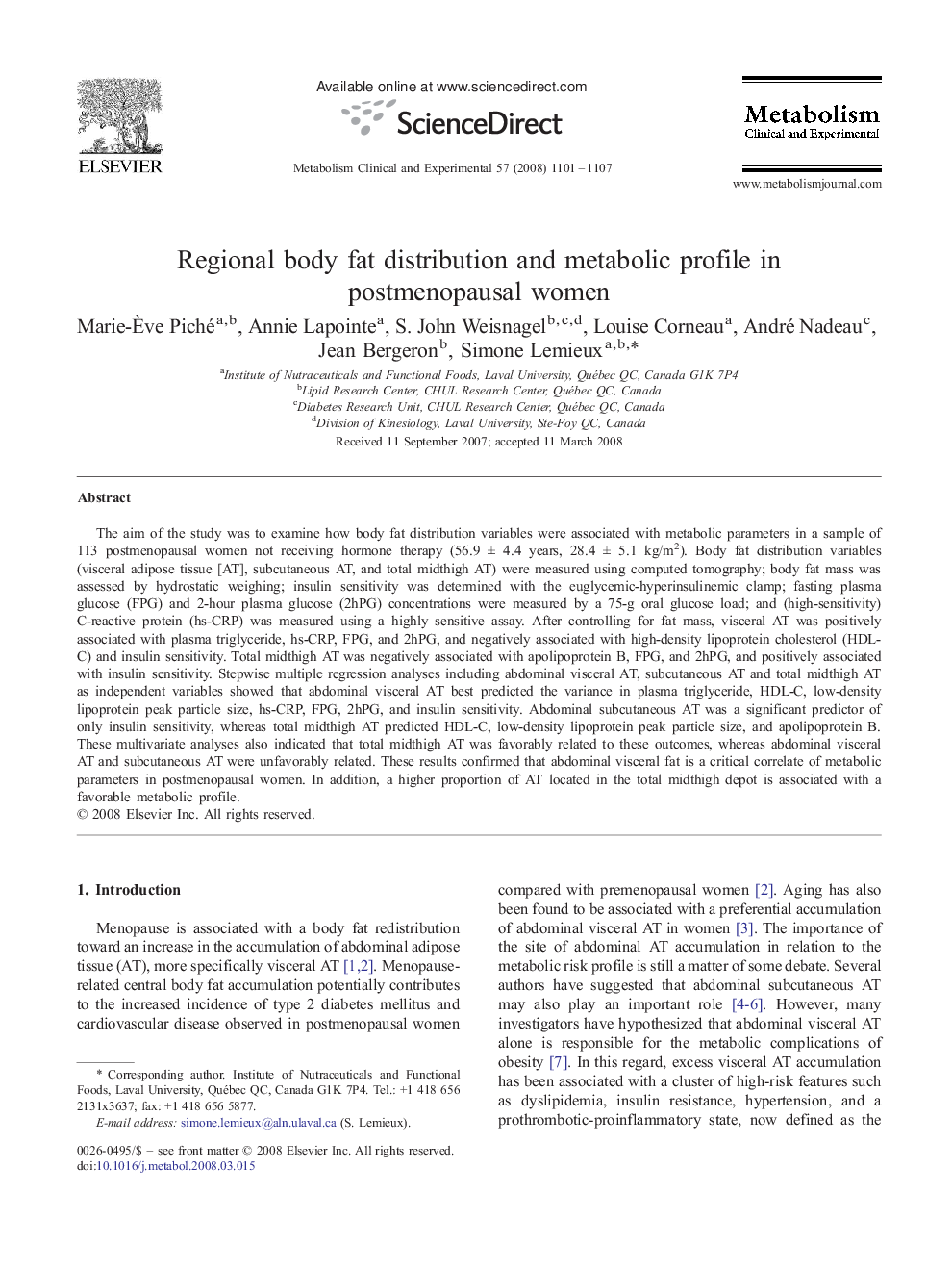 Regional body fat distribution and metabolic profile in postmenopausal women
