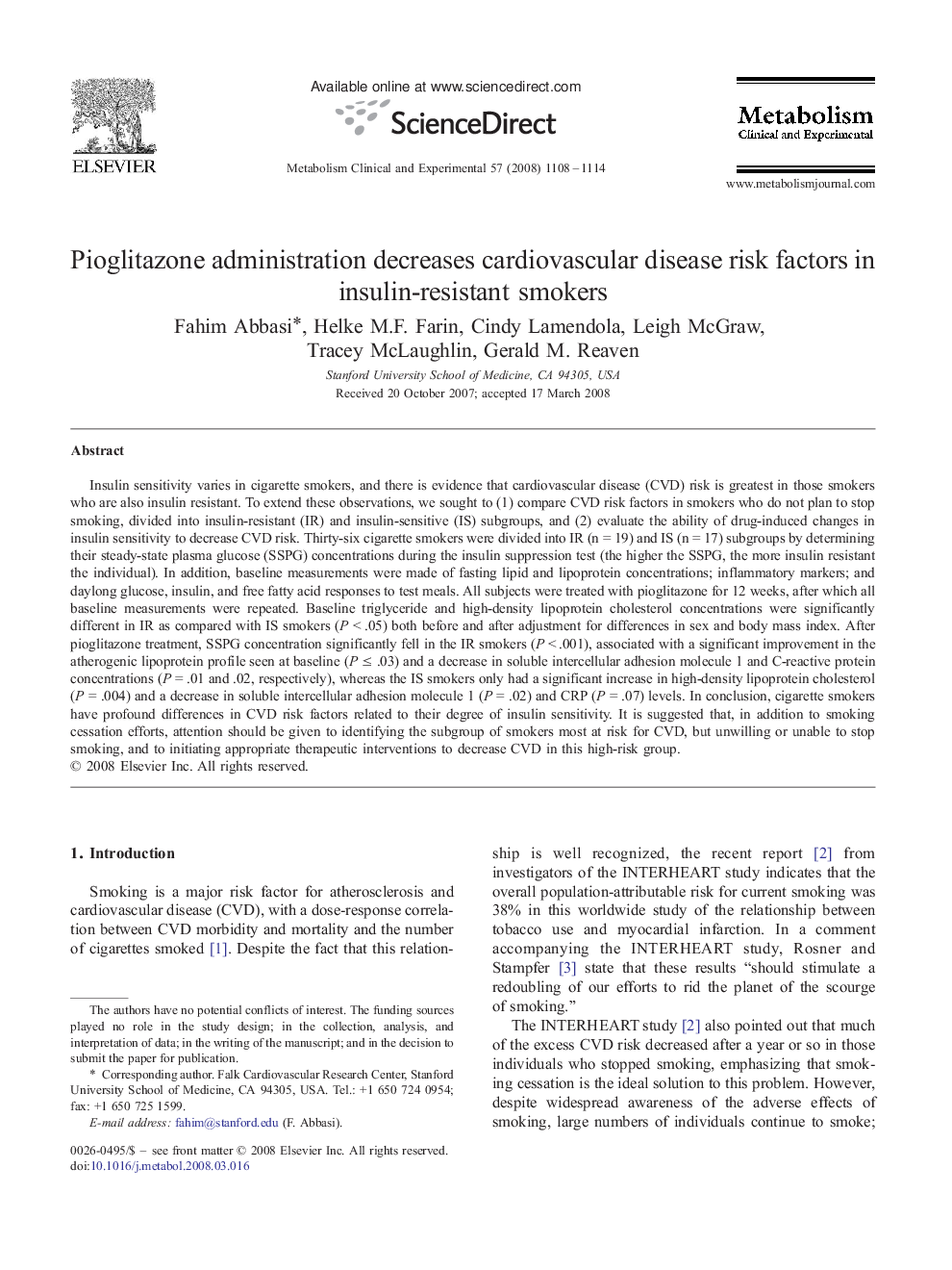 Pioglitazone administration decreases cardiovascular disease risk factors in insulin-resistant smokers 