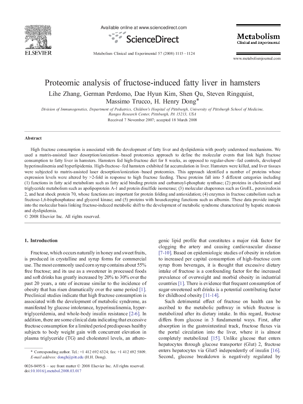 Proteomic analysis of fructose-induced fatty liver in hamsters
