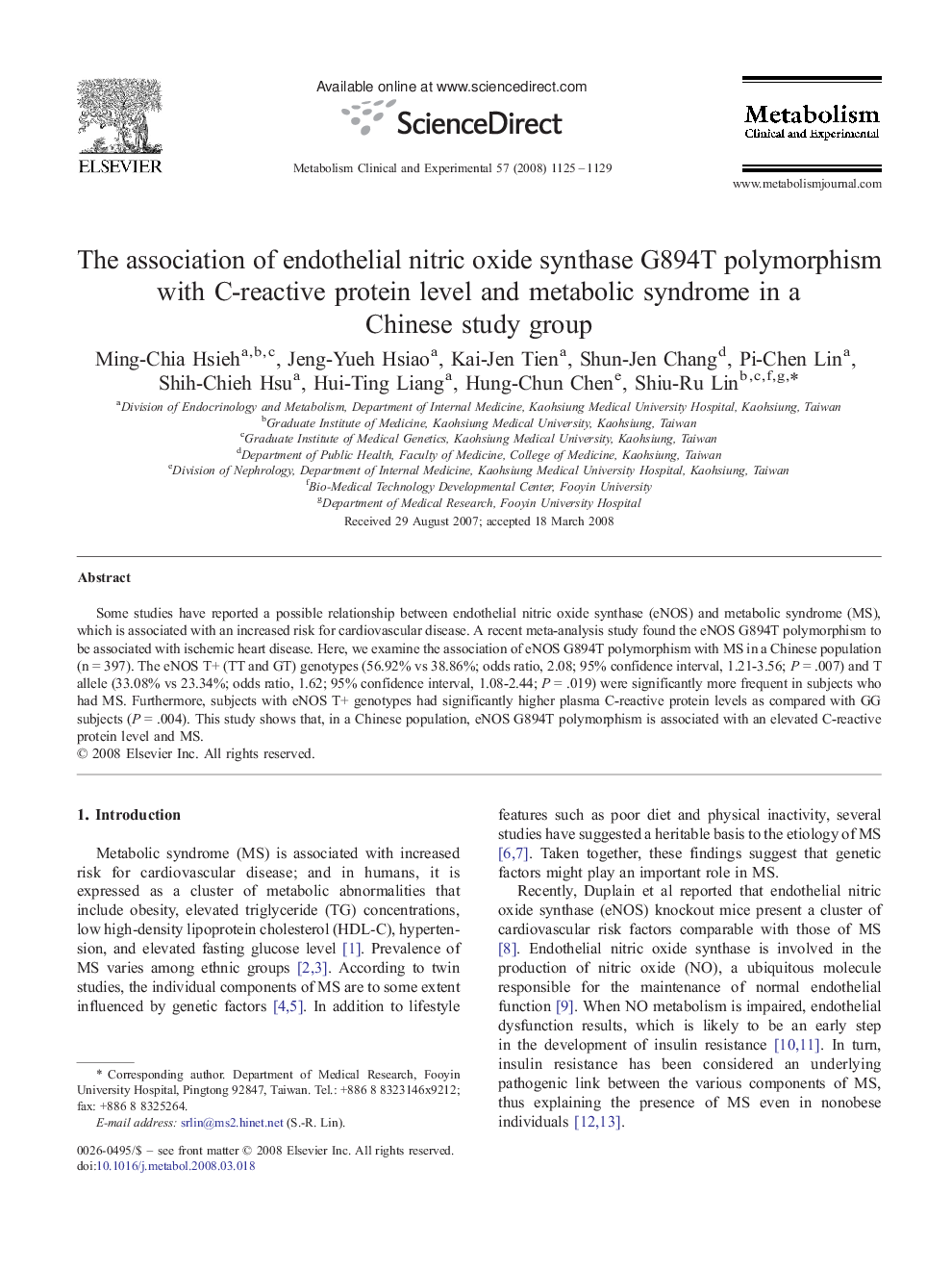 The association of endothelial nitric oxide synthase G894T polymorphism with C-reactive protein level and metabolic syndrome in a Chinese study group