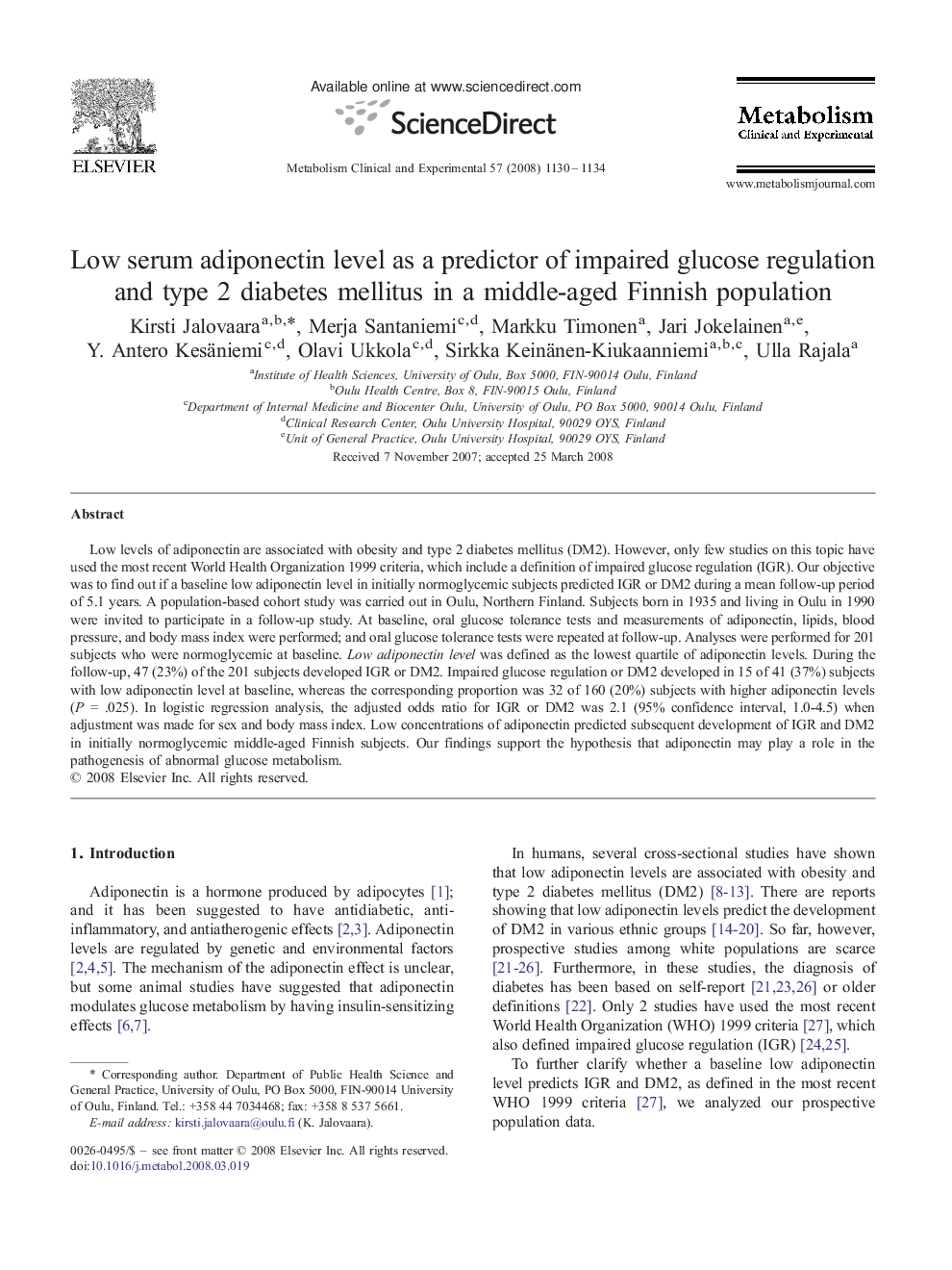 Low serum adiponectin level as a predictor of impaired glucose regulation and type 2 diabetes mellitus in a middle-aged Finnish population
