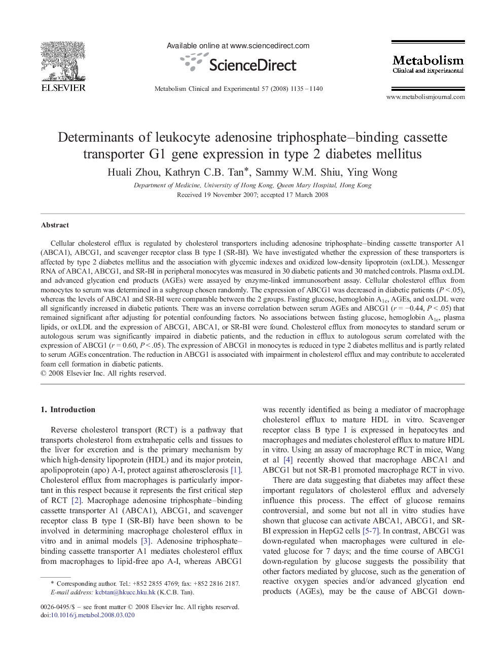 Determinants of leukocyte adenosine triphosphate–binding cassette transporter G1 gene expression in type 2 diabetes mellitus