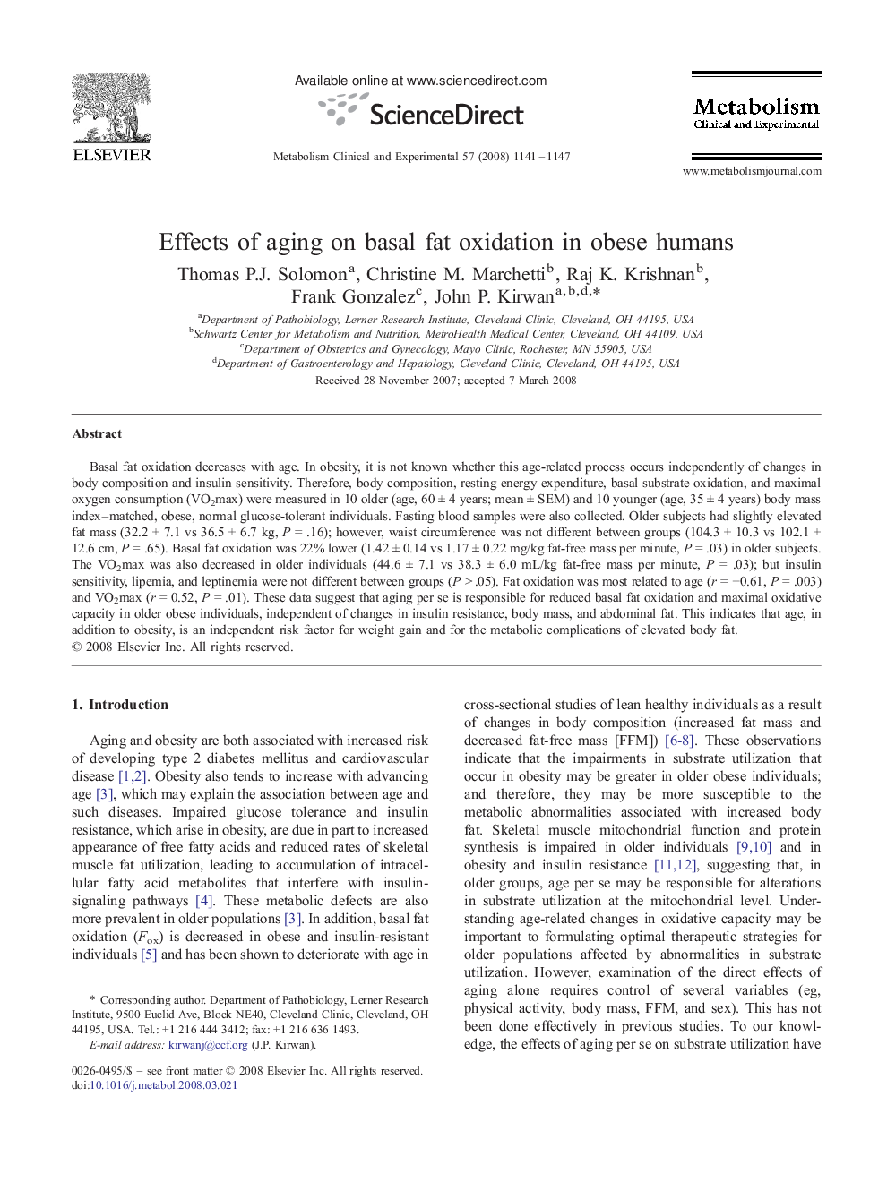 Effects of aging on basal fat oxidation in obese humans