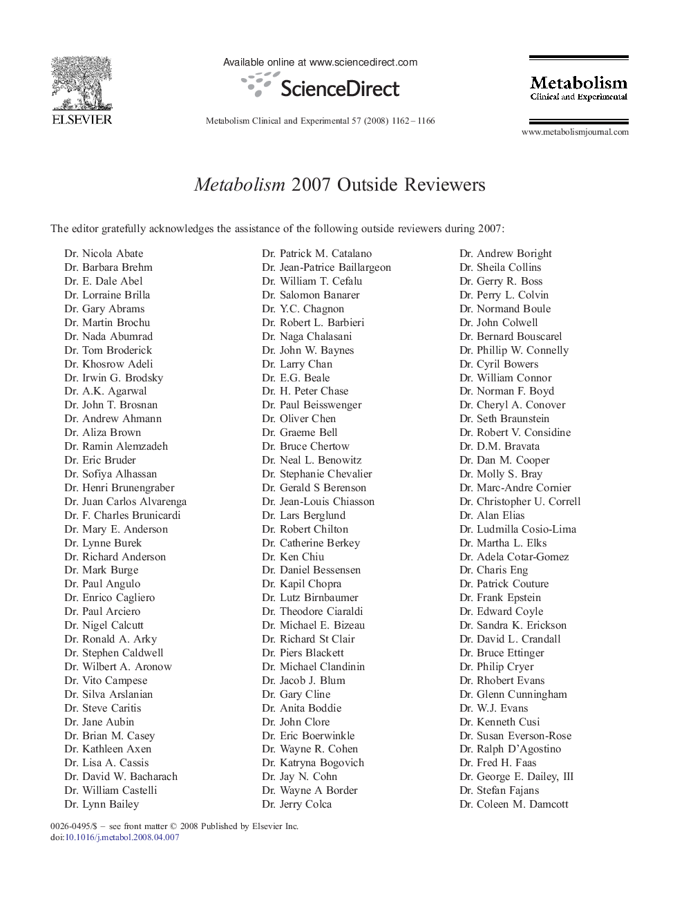 Metabolism 2007 Outside Reviewers
